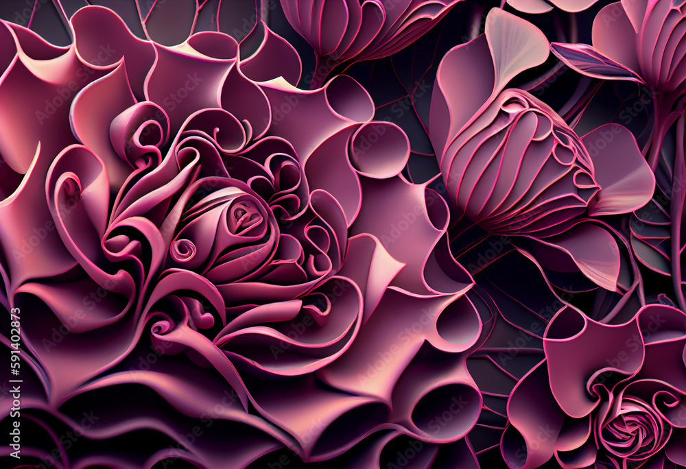 Aufkleber A complex, multi-layered pattern of interlocking shapes that resembles a Pink rose bush. Generative AI technology.	
