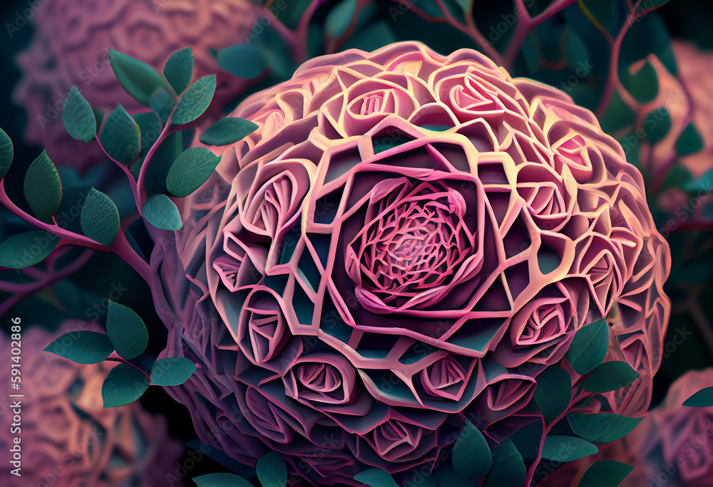 Aufkleber A complex, multi-layered pattern of interlocking shapes that resembles a Pink rose bush. Generative AI technology.	
