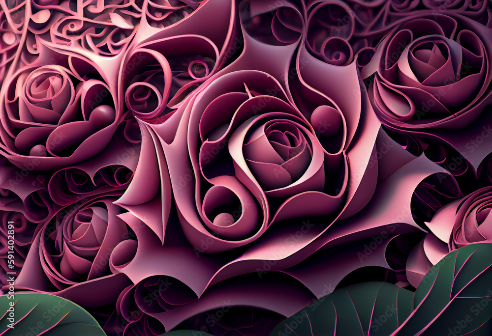 Aufkleber A complex, multi-layered pattern of interlocking shapes that resembles a Pink rose bush. Generative AI technology.	
