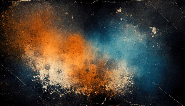 Grunge background. Rusty texture. Weathered surface. Blue orange black color stains dust scratches on dark distressed old worn abstract art illustration with free space.