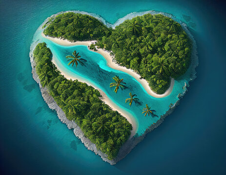 Caribbean Island in the Shape of a Love Heart. Aerial Shot, Holiday Concept. Generative AI.