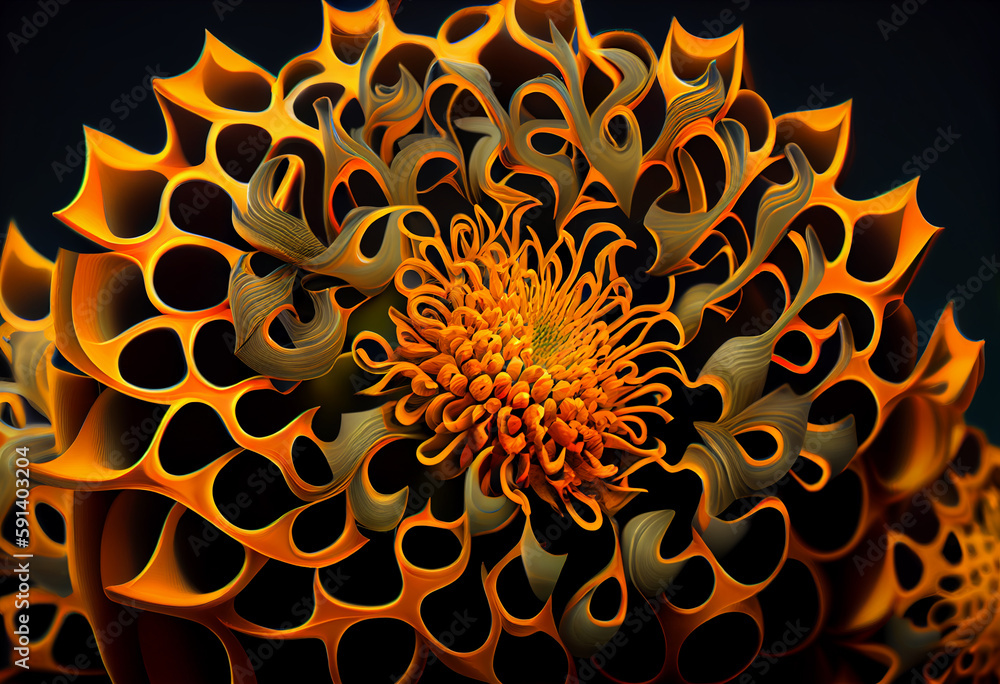 Poster A complex, multi-layered pattern of interlocking shapes that resembles a Red hydrangea bush. Generative AI technology.	
