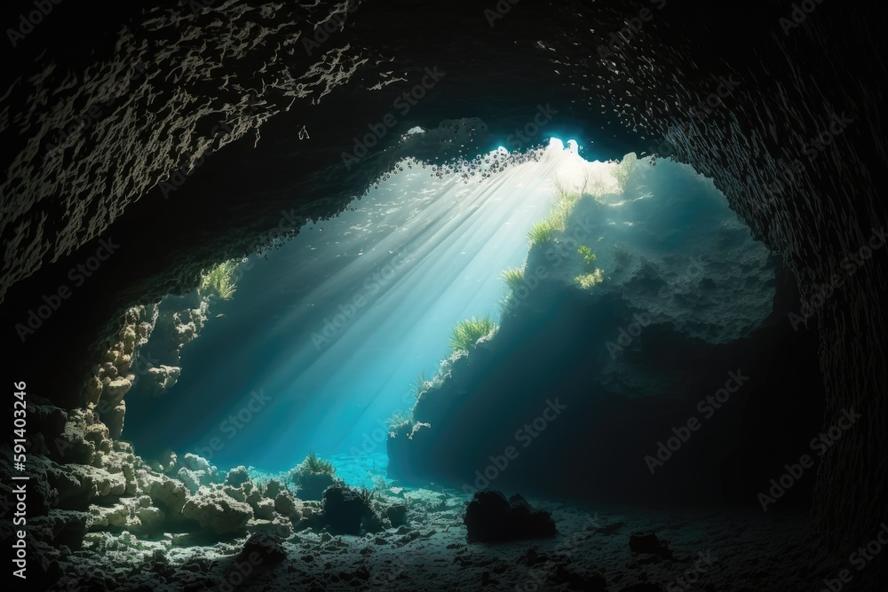 Poster cave with rays of sunlight shining through an underwater entrance. generative ai