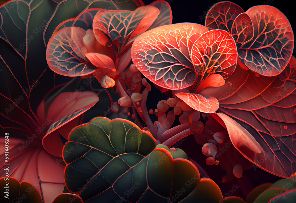 Poster A complex, multi-layered pattern of interlocking shapes that resembles a Red hydrangea bush. Generative AI technology.	
