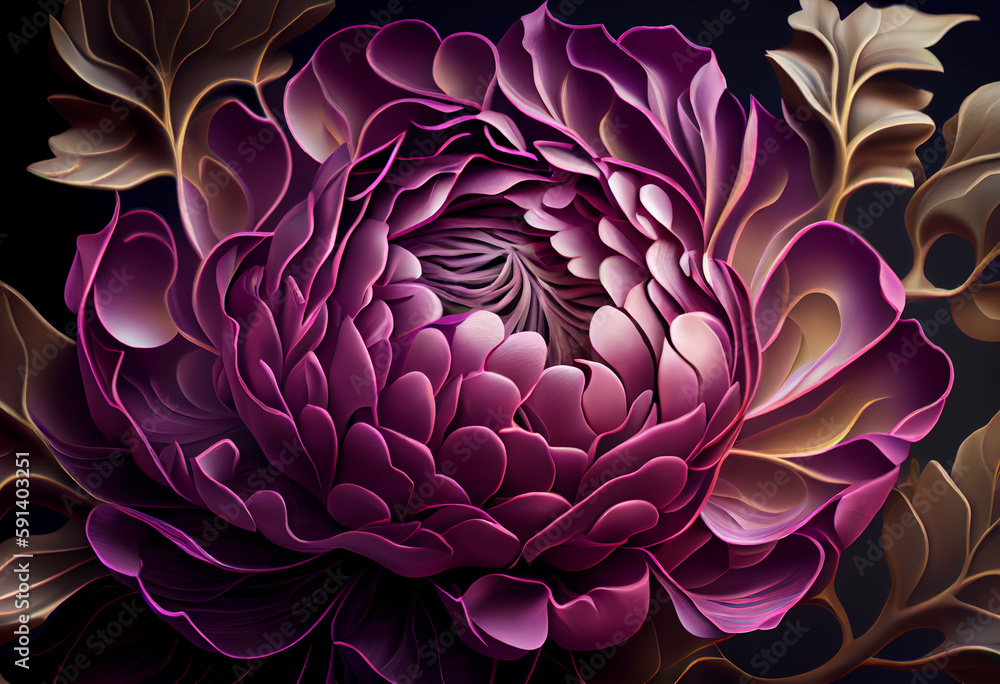 Poster A complex, multi-layered pattern of interlocking shapes that resembles a Red hydrangea bush. Generative AI technology.	
