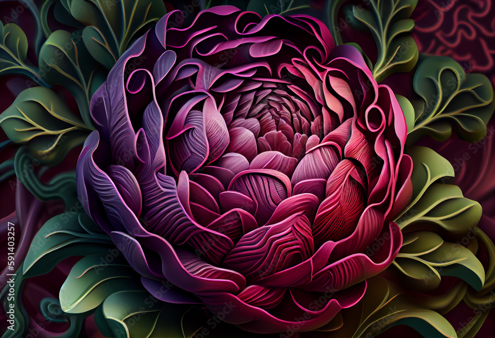 Aufkleber A complex, multi-layered pattern of interlocking shapes that resembles a Red hydrangea bush. Generative AI technology.	
