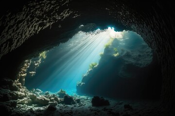 cave with rays of sunlight shining through an underwater entrance. Generative AI