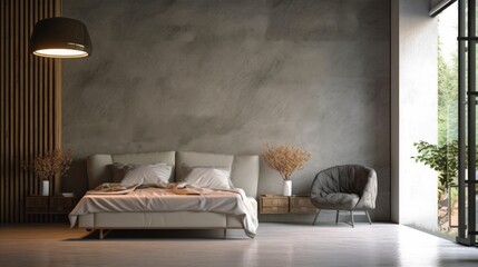 Contemporary Bedroom. Loft Interior Design Background. Generative AI.