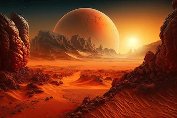 Gordijnen barren desert landscape with a vibrant red planet looming in the distance. Generative AI © 2ragon