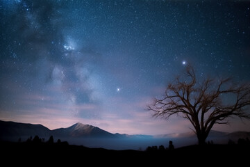 Naklejka na ściany i meble Landscape at night with starry sky and view of milky way galaxy - Universe Theme - Generative AI