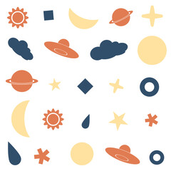 A Sticker of a sky at night with ufo, star, cloud, sun, moon, Saturn, raindrop, half moon, and ice in white, orange, and yellow with white edges, PNG transparent background, illustration