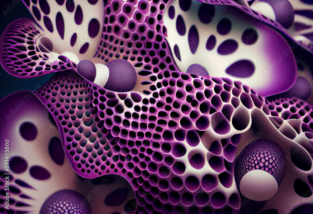 Poster A complex, multi-layered pattern of interlocking shapes that resembles a Purple lavender bush. Generative AI technology.	
