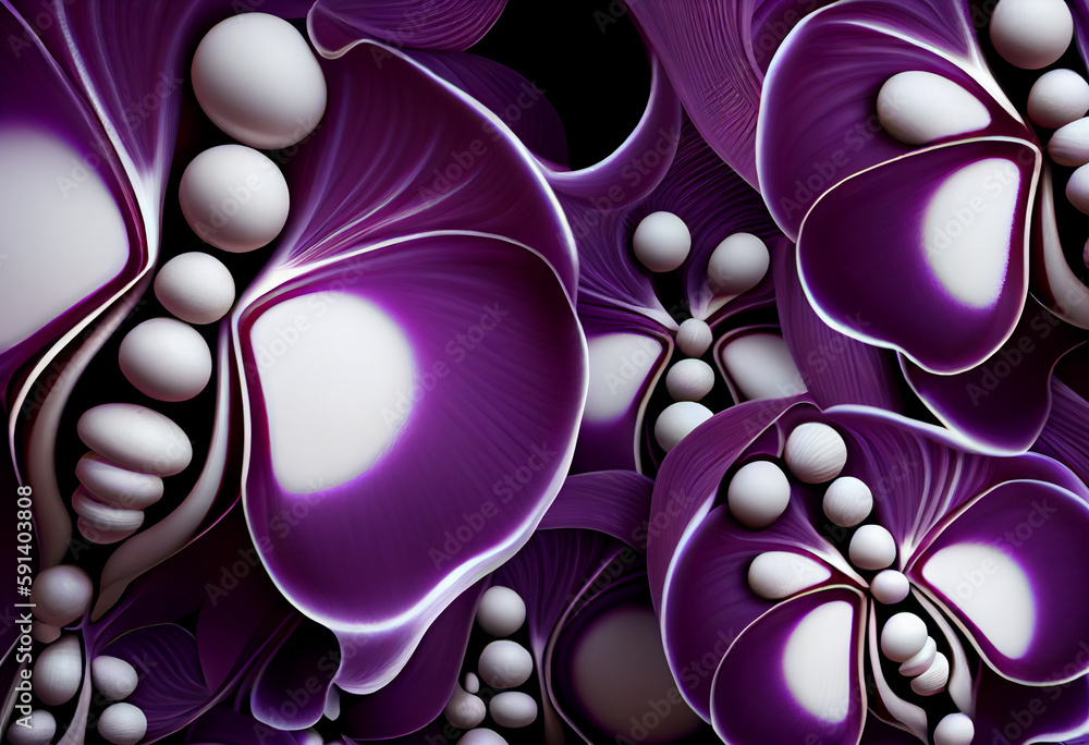 Poster A complex, multi-layered pattern of interlocking shapes that resembles a Purple lavender bush. Generative AI technology.	
