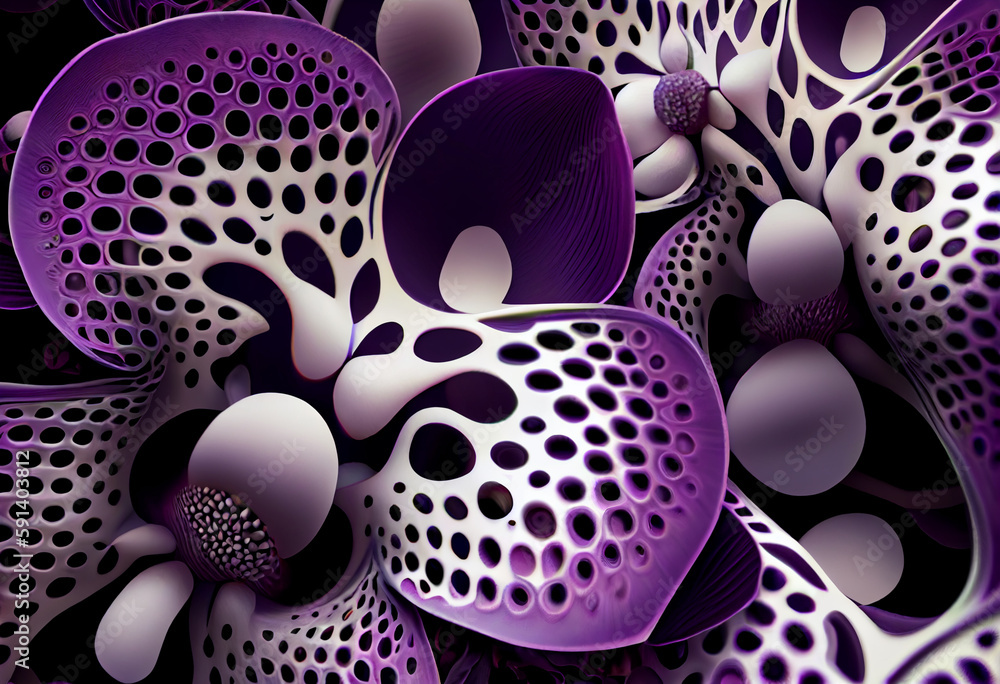 Poster A complex, multi-layered pattern of interlocking shapes that resembles a Purple lavender bush. Generative AI technology.	
