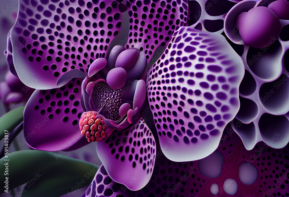 Poster A complex, multi-layered pattern of interlocking shapes that resembles a Purple lavender bush. Generative AI technology.	
