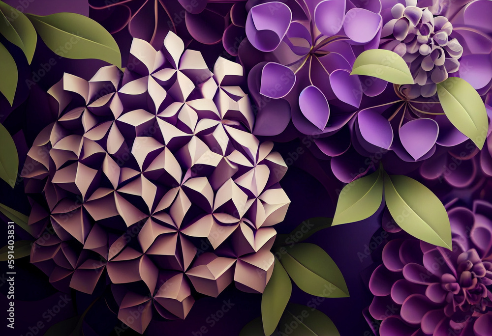 Poster A complex, multi-layered pattern of interlocking shapes that resembles a Purple lavender bush. Generative AI technology.	
