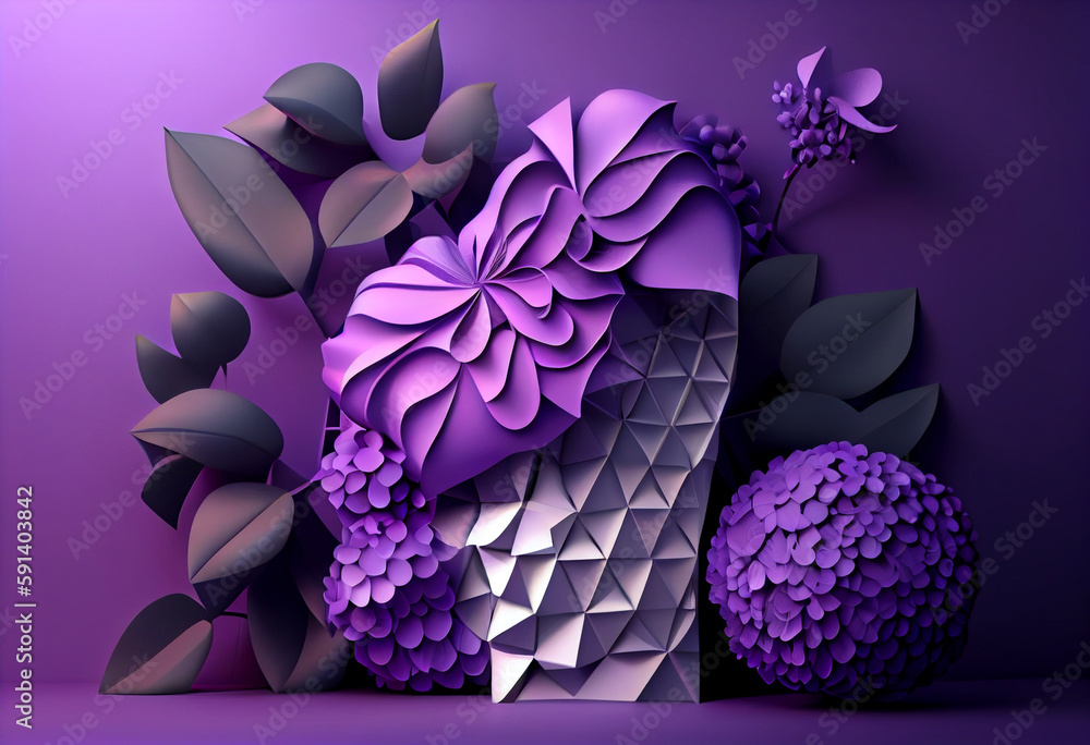 Poster A complex, multi-layered pattern of interlocking shapes that resembles a Purple lavender bush. Generative AI technology.	
