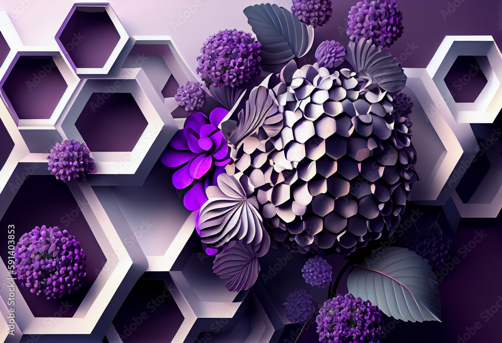 Poster A complex, multi-layered pattern of interlocking shapes that resembles a Purple lavender bush. Generative AI technology.	
