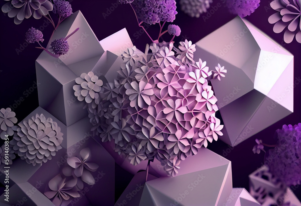 Poster A complex, multi-layered pattern of interlocking shapes that resembles a Purple lavender bush. Generative AI technology.	
