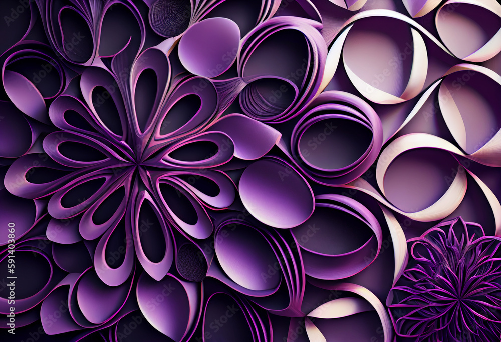 Poster A complex, multi-layered pattern of interlocking shapes that resembles a Purple lavender bush. Generative AI technology.	
