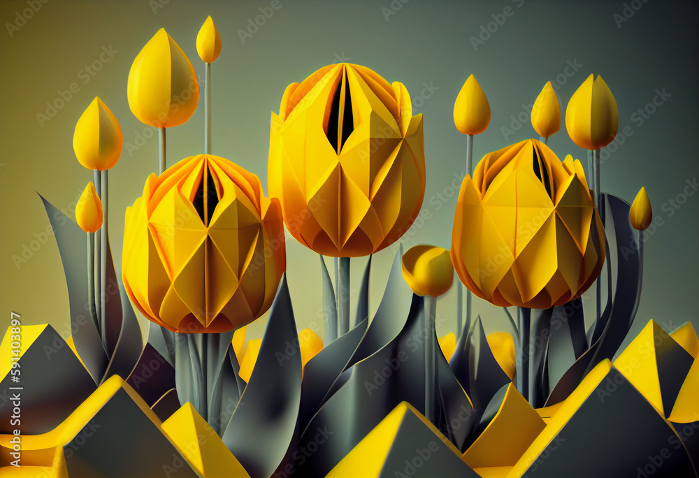 Poster A complex, multi-layered pattern of interlocking shapes that resembles a Yellow Tulip background. Generative AI technology.	
