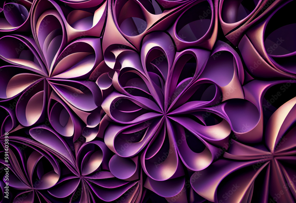 Poster A complex, multi-layered pattern of interlocking shapes that resembles a Purple lavender bush. Generative AI technology.	
