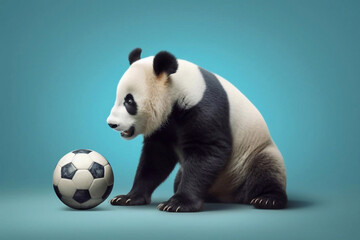 Fototapeta premium Panda with a Soccer Ball (football) on Blue Background, Generative AI
