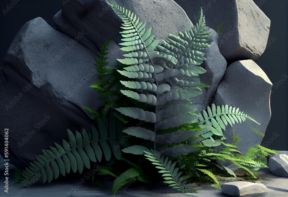 Poster beautiful abstract surreal geometric green leaves of fern on the background of stones. generative ai