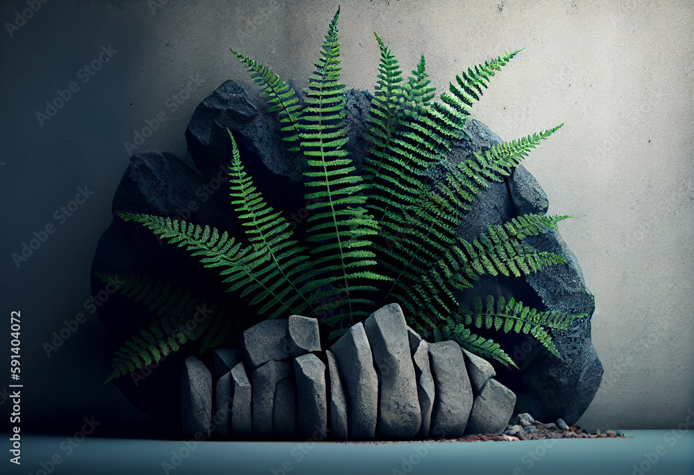 Poster beautiful abstract surreal geometric green leaves of fern on the background of stones. generative ai