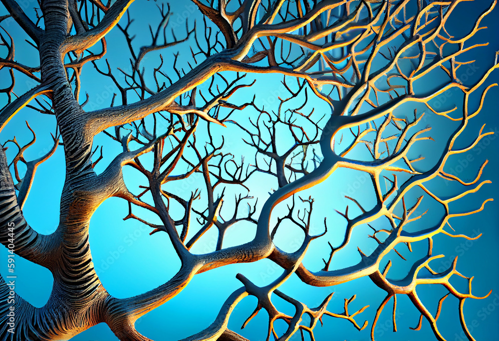 Poster Beautiful abstract surreal geometric Dry tree branches on the background of the blue sky. Generative AI technology.
