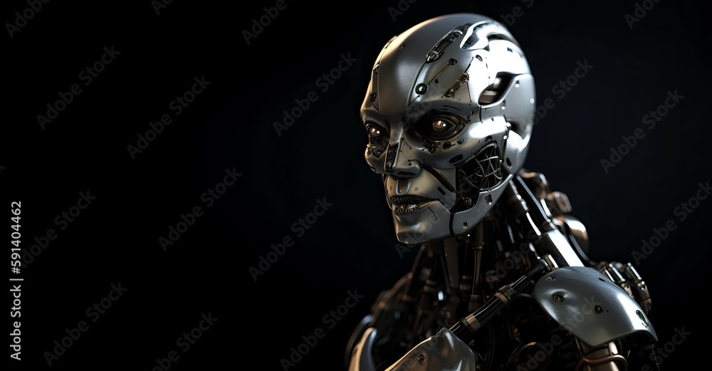 Poster futuristic robot isolated on dark background - generative ai