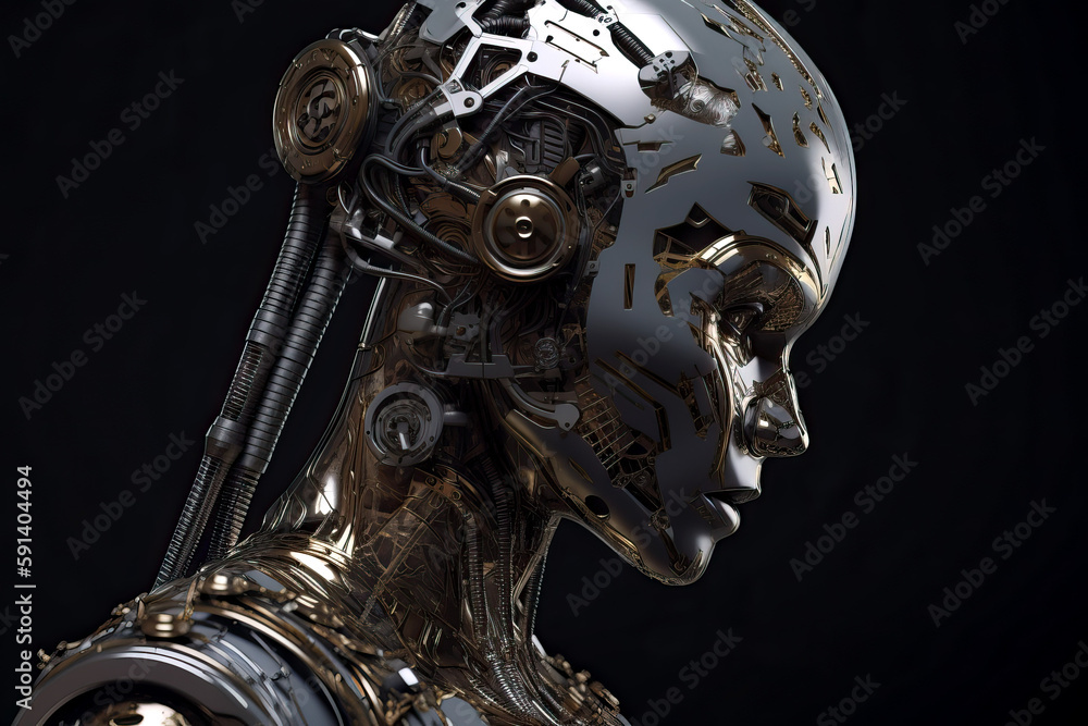 Poster futuristic robot isolated on dark background - generative ai