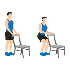 Man doing Chair squat exercise. Partial or half squat with chair for athlete