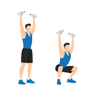 Man doing Overhead water bottle squats exercise. Flat vector
