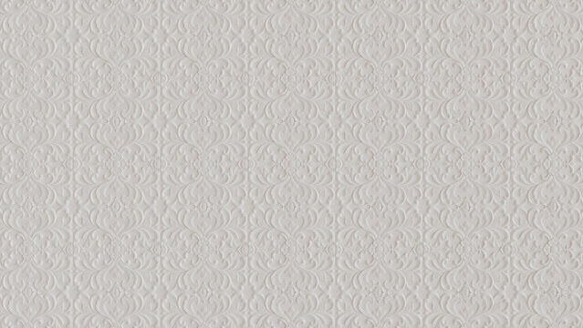Elegant Light Ornate Pattern Wallpaper. White 3D Baroque Background.