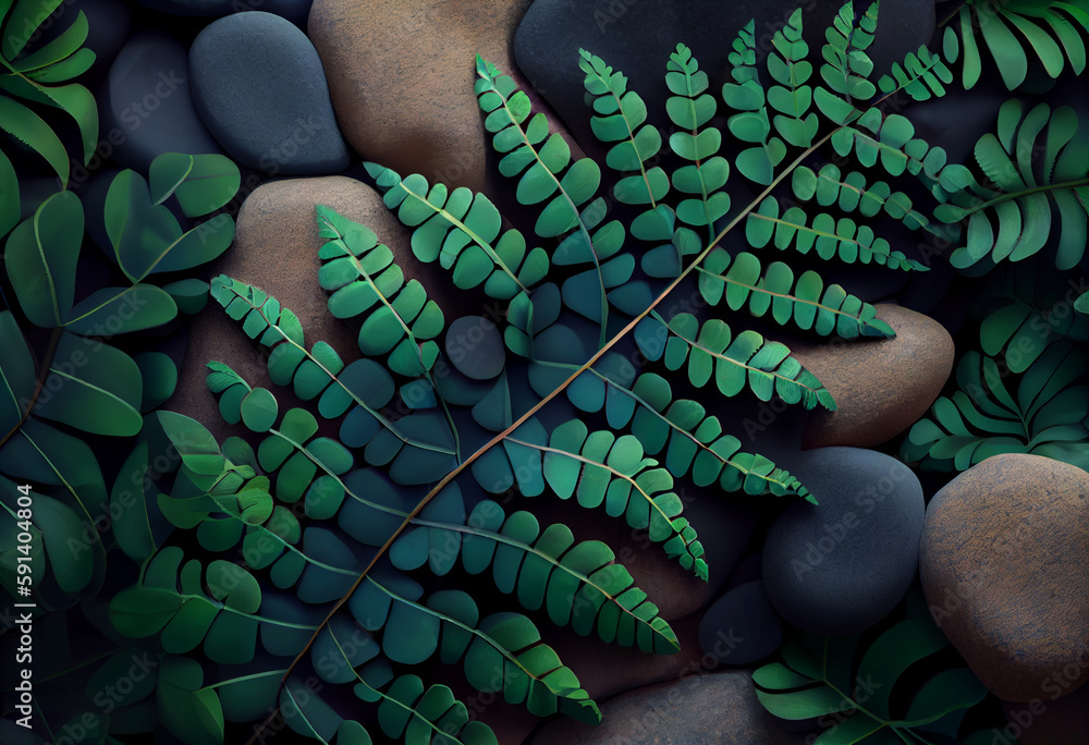 Poster beautiful abstract surreal geometric green leaves of fern on the background of stones. generative ai