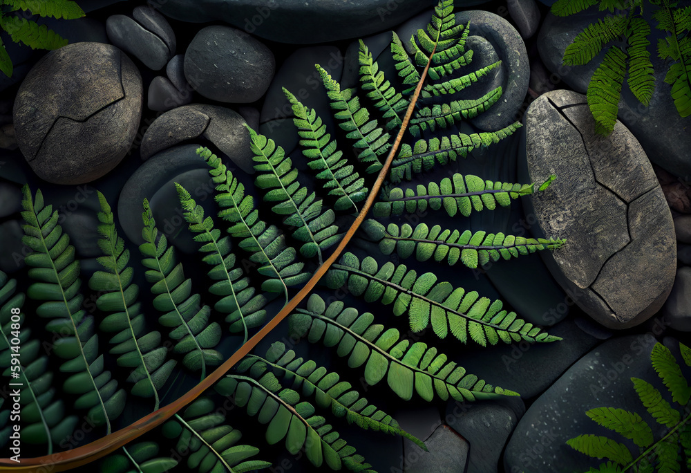 Aufkleber beautiful abstract surreal geometric green leaves of fern on the background of stones. generative ai