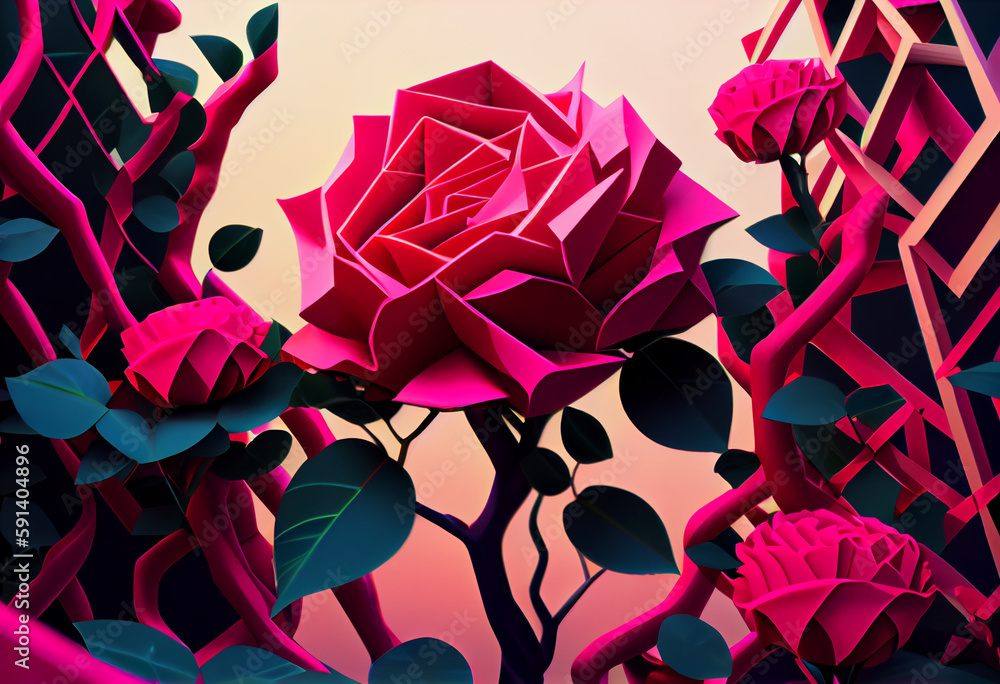 Aufkleber beautiful abstract surreal geometric pink rose bush. generative ai technology.