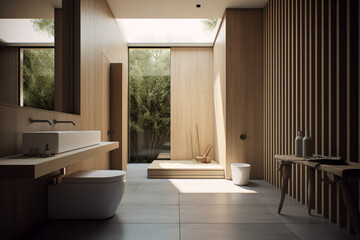 Fototapeta na wymiar a minimalist Japanese bathroom interior design Created with generative AI tools.