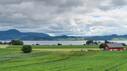 Fototapeta na wymiar fjord de Trondheim (asenfjord) et pointe de Frosta et île de Tautra en Norvège 