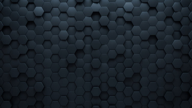 Black, Futuristic Mosaic Tiles arranged in the shape of a wall. 3D, Semigloss, Bricks stacked to create a Hexagonal block background. 3D Render
