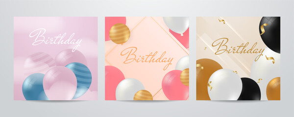 Happy birthday card with luxury balloons and ribbon. 3d realistic style. vector illustration for design.