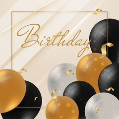 birthday elegant greeting card with gold balloons and falling confetti