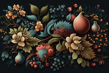 Obraz na płótnie Canvas floral still life with fruit on a black background. Generative AI
