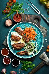Grilled lamb kebab with onions and pita bread. Barbecue menu. Free space for text. Close up.