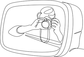 Single one line drawing photographer of paparazzi taking photo with modern digital camera with angles. Journalist or reporter making pictures. Continuous line draw design graphic vector illustration