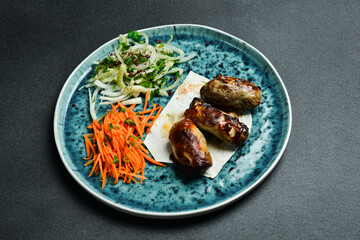 Grilled lamb sausages with onions and pita bread. Barbecue menu. Free space for text. Close up.