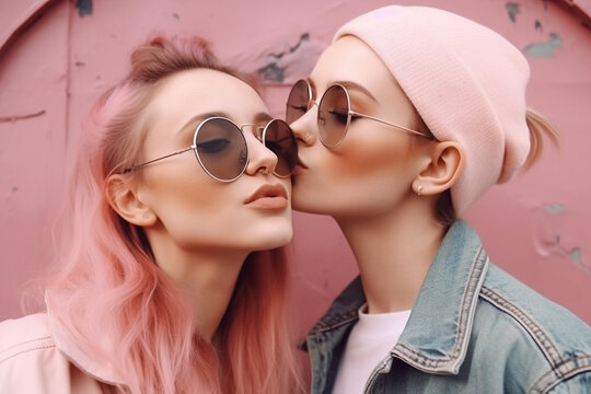 Two hipster lesbians wearing sunglasses and lgbt accessories, girls kissing. Generative AI