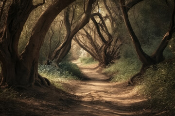 Obraz premium background of path and journey among big trees and nature
