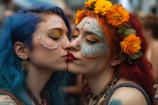 Two lesbian girls kissing during lgbtq pride parade. Generative AI